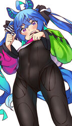  absurdres ahoge animal_ears bad_id bad_pixiv_id black_bodysuit blue_hair blush bodysuit clothes_lift female from_below gradient_eyes hair_between_eyes heterochromia highres hood hood_down hoodie hoodie_lift horse_ears horse_girl horse_tail looking_at_viewer multicolored_clothes multicolored_eyes open_mouth pirukusu sharp_teeth simple_background solo sweat tail teeth twin_turbo_(umamusume) twintails umamusume upper_teeth_only white_background 