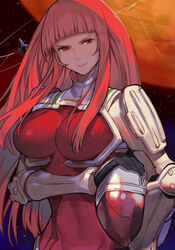  black_gloves bodysuit breasts covered_navel female glaring gloves hand_on_headwear harness helmet hime_cut holding holding_helmet hungry_clicker ken_marinaris large_breasts long_hair looking_at_viewer red_bodysuit red_eyes red_hair shiny_skin solo space upper_body zone_of_the_enders_2 