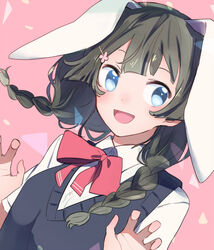  animal_ears black_hair black_sweater_vest blue_eyes bow bowtie braid collared_shirt commentary_request dutch_angle female flower hair_flower hair_ornament hands_up long_hair looking_at_viewer nijisanji open_mouth pink_background rabbit_ears red_bow red_bowtie school_uniform shirt short_sleeves smile solo sou_(tuhut) sweater_vest tsukino_mito tsukino_mito_(3rd_costume) twin_braids upper_body virtual_youtuber white_shirt 