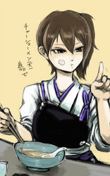  black_eyes brown_hair commentary_request female food food_on_face ginji_(sakaki_summer) japanese_clothes kaga_(kancolle) kamaboko kantai_collection muneate narutomaki side_ponytail solo translation_request 