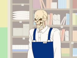  1boy ainz_ooal_gown apron blue_apron book bookshelf commentary_request cosplay gaikotsu_shotenin_honda-san highres honda-san honda-san_(cosplay) imaani indoors long_sleeves male_focus overlord_(maruyama) shirt skeleton solo trait_connection uniform upper_body white_shirt 