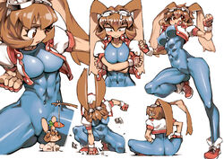  abs animal_ears ass bodysuit breasts brown_eyes brown_hair carrot carrot_on_stick commentary female fingerless_gloves gloves goggles goggles_on_head impossible_bodysuit impossible_clothes large_breasts makihara_arina multiple_views photoshop_(medium) rabbit rabbit_ears short_hair simple_background sweatdrop thick_thighs thighs toned waku_waku_7 white_background ysk! 