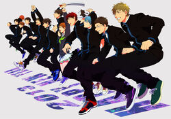  6+boys aida_riko basketball canine closed_eyes female glasses highres hyuuga_junpei izuki_shun jumping kagami_taiga koganei_shinji kuroko_no_basuke kuroko_tetsuya male mitobe_rinnosuke multiple_boys open_mouth puppy school_uniform shoes short_hair smile sneakers student 