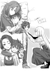  1boy 3girls adjusting_clothes arianrhod_(eiyuu_densetsu) artist_name bed_sheet braid closed_eyes collared_shirt commentary_request dated dress dressing_another eiyuu_densetsu greyscale grin hug kasia_osborne long_hair looking_at_viewer lucia_schwartzer monochrome mother_and_son multiple_girls one_eye_closed open_mouth pants pillow profile rean_schwarzer sen_no_kiseki shirt shoes short_hair side_braid signature simple_background sleeping smile squatting v werkbau white_background 