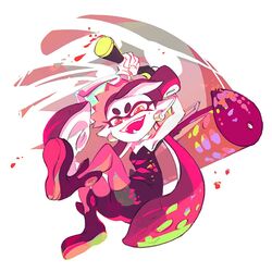  +_+ callie_(splatoon) commentary_request earrings fangs female floating hero_roller_(splatoon) inkling inoue_seita jewelry looking_at_viewer official_art paint_roller pointy_ears short_jumpsuit simple_background smile solo splatoon_(series) splatoon_1 tentacle_hair unitard white_background 