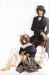  1boy alternate_costume animal_ears artbook barefoot black_hair bob_cut brown_eyes brown_hair cane choker feet female floral_print formal fox_ears fox_girl fox_tail haruka_(tactics) hat higashiyama_kazuko japanese_clothes kikumon kimono leg_up legs official_art scan short_hair sitting smile tactics tail top_hat traditional_media tuxedo wide_sleeves youko_(tactics) 