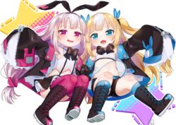  2girls :d azur_lane bare_shoulders black_bow black_footwear black_hairband black_jacket black_ribbon black_shorts black_skirt blonde_hair blue_eyes blue_socks blush boots bow commentary_request cross-laced_footwear fangs hair_ornament hair_ribbon hairband hobby_(azur_lane) jacket kalk_(azur_lane) knee_boots kneehighs kokone_(coconeeeco) lace-up_boots light_brown_hair long_hair long_sleeves looking_at_viewer multicolored_hair multiple_girls open_clothes open_jacket open_mouth pink_thighhighs pleated_skirt purple_eyes ribbon see-through shirt shoe_soles short_shorts shorts skirt sleeveless sleeveless_shirt sleeves_past_fingers sleeves_past_wrists smile socks star_(symbol) streaked_hair suspender_skirt suspenders thighhighs thighhighs_under_boots very_long_hair white_hair white_shirt zipper_pull_tab 