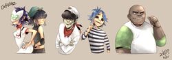  2girls 3boys android bald bibi_(uzu-uzu-uzu) black_hair blue_hair commentary_request cyborg cyborg_noodle_(gorillaz) elbow_pads empty_eyes fingernails gloves gorillaz hair_over_eyes hat heterochromia highres long_fingernails mask missing_tooth multiple_boys multiple_girls murdoc_niccals noodle_(gorillaz) pipe_in_mouth pocket purple_hair red_eyes red_scarf russel_hobbs sailor_hat scarf shirt smile smoking_pipe striped_clothes striped_shirt stuart_pot teeth thumbs_up 