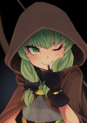  ;) atatatamu black_bow black_gloves blush bow bow_(weapon) cloak commentary_request elf eyelashes female gloves goblin_slayer! green_eyes green_hair hairbow high_elf_archer_(goblin_slayer!) hood hooded_cloak looking_at_viewer one_eye_closed pointy_ears smile solo weapon 