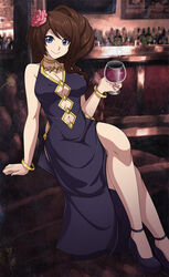  alcohol alternate_costume asymmetrical_hair bad_deviantart_id bad_id bangle blue_eyes bracelet breasts brown_hair choker chou_megami_shinkou_noire_gekishin_black_heart chuunioniika cleavage clothing_cutout commentary crossed_legs cup drinking_glass english_commentary feet_out_of_frame female flower hair_flower hair_ornament high_heels highres hostess jewelry large_breasts legs long_hair navel navel_cutout necklace neptune_(series) official_alternate_costume one_side_up photoshop_(medium) pumps ryuuka side_slit sitting solo strappy_heels wine wine_glass 