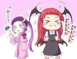  &gt;_&lt; 2girls alternate_hairstyle black_dress black_wings blunt_bangs bow capelet chibi circular_saw collared_shirt commentary_request crescent crescent_hair_ornament demon_wings dress forehead hair_ornament hairbow head_wings headband index_finger_raised koakuma long_hair long_sleeves looking_at_another multiple_girls mumyuu o_o patchouli_knowledge ponytail pout puff_of_air purple_capelet purple_dress purple_hair purple_headband red_bow red_hair saw shirt short_dress striped_clothes striped_dress sweatdrop tears touhou translation_request white_shirt wing_collar wings 