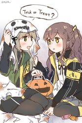  2girls 404_logo_(girls&#039;_frontline) armband artist_name brown_hair candy commentary_request food girls&#039;_frontline green_eyes grey_hair halloween halloween_costume highres jack-o&#039;-lantern jacket multiple_girls plug_(feng-yushu) sack scar scar_across_eye scar_on_face ump40_(girls&#039;_frontline) ump45_(girls&#039;_frontline) yellow_armband yellow_eyes 