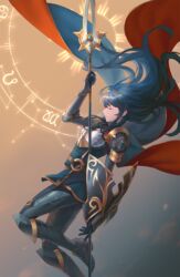  armor belt blue_armor blue_gloves blue_hair blue_theme blue_tunic boots cancer_(symbol) cape chest_armor closed_eyes commentary constellation couter cuisses english_commentary female fire_emblem fire_emblem_awakening fire_emblem_heroes floating_cape floating_hair from_side gloves greaves highres holding holding_polearm holding_weapon leo_(symbol) long_hair lucina_(brave_princess)_(fire_emblem) lucina_(fire_emblem) o-ring o-ring_belt pauldrons polearm poleyn protected_link rerebrace sabaton shield shoulder_armor solo spear tiara vambraces violinbox virgo_(symbol) weapon zodiac_wheel 