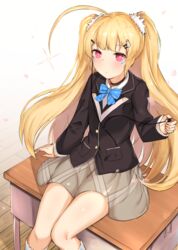  azur_lane black_choker black_jacket blazer blonde_hair blue_bow blue_bowtie blush bow bowtie brown_skirt choker closed_mouth collared_shirt commentary_request desk earbuds earphones eldridge_(azur_lane) eldridge_(the_inquisitive_recluse)_(azur_lane) facial_mark female hair_ornament hairclip holding jacket kneehighs long_hair long_sleeves mathew_(srmmk_mce) official_alternate_costume on_desk pocket purple_eyes school_desk shirt single_earphone_removed sitting skirt socks solo striped_bow striped_bowtie striped_clothes two_side_up very_long_hair white_shirt white_socks wooden_floor 