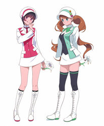  2girls abbystea aqua_eyes black_hair boots bow bowtie breasts brown_hair commentary contrapposto cross-laced_footwear drooling earrings flower hat heart highres jewelry knee_boots lace-up_boots large_breasts lily_(flower) long_hair miniskirt multiple_girls necktie photoshop_(medium) purple_eyes short_hair skirt standing stud_earrings thighhighs tongue tongue_out twintails white_footwear white_skirt yuri_kuma_arashi yurigasaki_lulu yurishiro_ginko zettai_ryouiki 