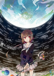  blurry bow brown_hair commentary_request earth_(planet) female flower hairbow hami_(lvct) hammer highres koto_(kyousougiga) kyousougiga long_hair looking_at_viewer moon photoshop_(medium) planet ponytail red_eyes school_uniform serafuku skirt solo space star_trail stuffed_toy weapon 