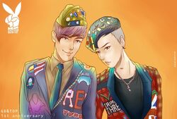  2boys bigbang black_hair brown_eyes brown_hair bunny_head character_name copyright_name earrings emblem g-dragon hat jewelry k-pop male male_focus medal military_uniform multiple_boys necklace necktie smile t.o.p_(bigbang) v 