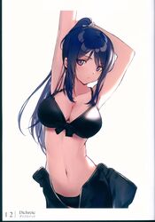  :/ absurdres armpits arms_up bikini bikini_under_clothes black_bikini blue_hair bodysuit bow breasts cleavage closed_mouth collarbone cowboy_shot diving_suit expressionless female hairbow head_tilt high_ponytail highres huanxiang_heitu large_breasts leaning_to_the_side long_hair looking_at_viewer love_live! love_live!_sunshine!! matsuura_kanan navel open_clothes open_wetsuit page_number ponytail purple_eyes scan simple_background solo standing stomach stretching swimsuit wetsuit white_background white_bow 