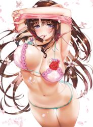  abs arms_up bra breasts brown_hair camisole cherry_blossoms closed_mouth comic_kairakuten commentary_request cowboy_shot female green_panties hair_tie hair_tie_in_mouth large_breasts lips long_hair looking_at_viewer maria_(ogino_atsuki) mouth_hold nail_polish navel original panties pink_bra purple_eyes purple_nails smile solo thighs unaligned_breasts underwear undressing white_background yanyo_(ogino_atsuki) 