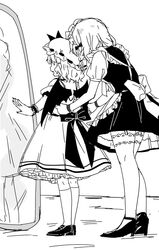  2girls age_difference apron chinese_commentary commentary demon_wings dressing_another from_behind greyscale hat height_difference high_heels izayoi_sakuya maid maid_apron maid_headdress mirror mob_cap monochrome multiple_girls plug_(feng-yushu) remilia_scarlet shoes socks thighhighs touhou wings 