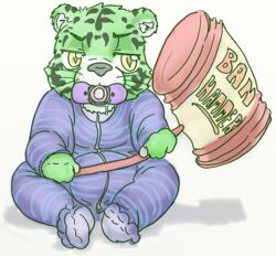  anthro baby banhammer bodily_fluids clothed clothing digital_media_(artwork) drooling felid lavilovi male mammal pacifier pantherine saliva simple_background solo stripes tiger white_background young young_anthro 