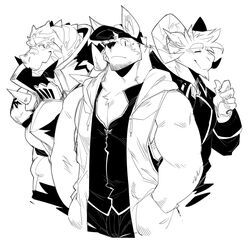  anthro baker_(kokuhane) black_and_white bovid canid canine canis caprine clothed clothing domestic_dog goat group hand_in_pocket hands_in_both_pockets kokukokuboo male mammal monochrome pockets simple_background vanillaram white_background 