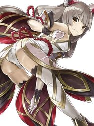  ass bare_shoulders bent_over blunt_bangs boots commentary_request detached_sleeves female gloves grey_hair highres leotard long_hair long_sleeves looking_at_viewer low_twintails mosamune nia_(blade)_(xenoblade) nia_(xenoblade) off_shoulder simple_background smile solo spoilers thigh_boots thighhighs twintails very_long_hair white_background wide_sleeves xenoblade_chronicles_(series) xenoblade_chronicles_2 