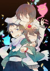  2boys a_(kyousougiga) beads blue_eyes brown_hair closed_eyes commentary_request female grin hami_(lvct) hand_on_head highres inari_(kyousougiga) japanese_clothes kimono koto_(kyousougiga) kyousougiga locked_arms lolicon multiple_boys obi open_mouth photoshop_(medium) prayer_beads sash scarf school_uniform shikigami short_hair skirt smile spirits thighhighs un_(kyousougiga) v yakushimaru yellow_eyes zettai_ryouiki 