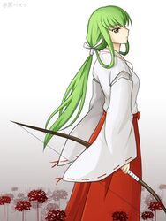  bow_(weapon) brown_eyes c.c. code_geass commentary_request cosplay detached_sleeves female floating_hair flower from_side gradient_background green_hair hair_ribbon hakama hakama_skirt holding holding_bow_(weapon) holding_weapon inuyasha japanese_clothes kikyou_(inuyasha) kikyou_(inuyasha)_(cosplay) kimono long_hair long_sleeves looking_at_viewer miko ponytail red_flower red_hakama ribbon ribbon-trimmed_sleeves ribbon_trim setu_kurokawa skirt solo spider_lily very_long_hair weapon white_background white_kimono white_ribbon 