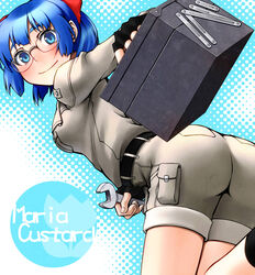  ass blue_eyes blue_hair blush bow female from_behind glasses kurotsuki_nanai maria_custard rance_(series) short_hair shorts smile solo spanner tool_kit wrench 