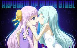  2girls aoki_hagane_no_arpeggio bad_id bad_pixiv_id bun_cover closed_eyes copyright_name green_eyes green_hair highres i-400_(aoki_hagane_no_arpeggio) i-402_(aoki_hagane_no_arpeggio) imminent_kiss kamo_3 long_hair multiple_girls photoshop_(medium) purple_hair siblings sisters twins yuri 