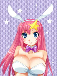  animal_ears bad_id bad_pixiv_id blue_eyes blush bow bowtie breasts cleavage commentary_request detached_collar fake_animal_ears female gundam gundam_seed gundam_seed_destiny hair_ornament large_breasts long_hair meer_campbell pink_hair playboy_bunny rabbit_ears solo star_(symbol) star_hair_ornament tooru_jin wrist_cuffs 