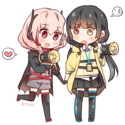  2girls banana_(girls&#039;_frontline) black_hair blush commentary dinergate_(girls&#039;_frontline) girls&#039;_frontline heterochromia holding_hands jacket m4_sopmod_ii_(girls&#039;_frontline) m4_sopmod_ii_(mod3)_(girls&#039;_frontline) megaphone multiple_girls name_tag non-humanoid_robot pink_hair plug_(feng-yushu) red_eyes ro635_(girls&#039;_frontline) robot sweatdrop twintails yellow_eyes 