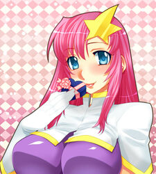  :p bad_id bad_pixiv_id blue_eyes blush breasts candy chocolate commentary_request female food gloves gundam gundam_seed gundam_seed_destiny hair_ornament heart heart-shaped_chocolate large_breasts long_hair looking_at_viewer meer_campbell pink_hair smile solo star_(symbol) star_hair_ornament tongue tongue_out tooru_jin 