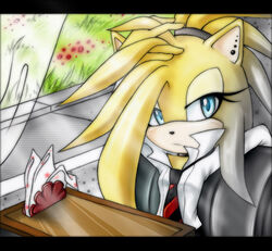  ann-jey anthro blue_eyes bored cafe clothing ear_piercing eulipotyphlan fan_character female furniture gitz_the_hedgehog hedgehog looking_at_viewer mammal necktie piercing sega shirt solo sonic_the_hedgehog_(series) table topwear yellow_body 