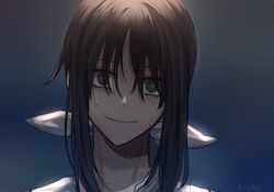  bad_id bad_pixiv_id bow brown_hair commentary_request empty_eyes female green_eyes hair_between_eyes hair_ribbon hanebado! hanesaki_ayano hichi(hichi) long_hair looking_at_viewer ribbon shirt short_hair simple_background smile solo sweat white_bow white_ribbon 