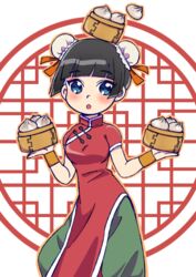  bamboo_steamer baozi black_hair blue_eyes blunt_bangs blush bun_cover china_dress chinese_clothes double_bun dress extra eyeshadow female food gooya_(arumin155) hair_bun hair_ribbon makeup osomatsu-san osomatsu_(series) protected_link ribbon shaorin_(osomatsu-san) simple_background solo white_background 