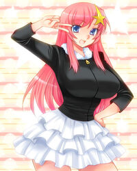  bad_id bad_pixiv_id blue_eyes blush breasts commentary_request female frilled_skirt frills gundam gundam_seed gundam_seed_destiny hair_ornament hand_on_own_hip impossible_clothes large_breasts long_hair looking_at_viewer meer_campbell open_mouth pink_hair skirt smile solo star_(symbol) star_hair_ornament tooru_jin v v_over_eye 