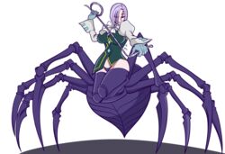  absurdres arachne arthropod_girl breasts claws commentary commission cosplay crossover extra_eyes female formal frank_araya franziska_von_karma_(cosplay) gloves gyakuten_saiban highres karuma_mei large_breasts light_purple_hair monster_girl monster_musume_no_iru_nichijou multiple_legs rachnera_arachnera red_eyes short_hair smile spider_girl suit taur whip 