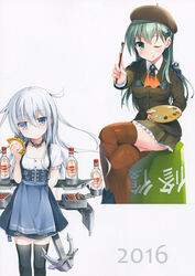  2girls ;q absurdres adapted_costume alcohol anchor anchor_symbol apron aqua_eyes aqua_hair art_brush bankoku_ayuya beret black_thighhighs blue_eyes bottle breasts brochette brown_legwear brown_skirt bucket buttons cosplay crossed_legs dirndl dress food german_clothes glass_bottle grey_hair hair_ornament hair_over_one_eye hairclip hammer_and_sickle hat heart hibiki_(kancolle) highres kantai_collection long_hair looking_at_viewer medium_breasts multiple_girls one_eye_closed paintbrush painting_(action) painting_(object) palette_(object) photoshop_(medium) pirozhki repair_bucket scan school_uniform short_sleeves simple_background skewer skirt small_breasts star_(symbol) suzuya_(kancolle) thighhighs tongue tongue_out uniform verniy_(kancolle) vodka white_background z1_leberecht_maass_(kancolle) z1_leberecht_maass_(kancolle)_(cosplay) z1_leberecht_maass_(oktoberfest_mode)_(kancolle) zettai_ryouiki 