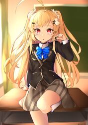  :o arm_support azur_lane black_jacket blazer blonde_hair blue_bow blue_bowtie blurry blurry_background blush bow bowtie brown_skirt classroom collared_shirt commentary_request curtains day depth_of_field desk earbuds earphones earphones_removed eldridge_(azur_lane) eldridge_(the_inquisitive_recluse)_(azur_lane) facial_mark female highres holding indoors jacket kano_(kanokano44) kneehighs long_hair long_sleeves looking_at_viewer official_alternate_costume on_desk parted_lips red_eyes school_desk school_uniform shirt skirt socks solo striped_bow striped_bowtie striped_clothes sunlight two_side_up very_long_hair white_shirt white_socks window 