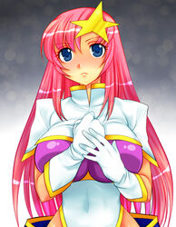  bad_id bad_pixiv_id blue_eyes blush breasts commentary_request female gloves gundam gundam_seed gundam_seed_destiny hair_ornament hands_on_own_chest highleg highleg_leotard large_breasts leotard long_hair looking_at_viewer meer_campbell pink_hair purple_leotard solo star_(symbol) star_hair_ornament tooru_jin white_leotard 