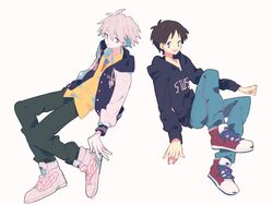  2boys bad_id bad_link bad_twitter_id brown_hair casual denim grey_hair hood hoodie ikari_shinji jacket jeans legs_folded letterman_jacket looking_at_another male_focus multiple_boys nagisa_kaworu neon_genesis_evangelion pants pikaro shoes smile sneakers white_background 