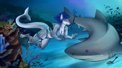  anthro barefoot bikini blue_eyes blue_hair bra clothed clothing cool_colors detailed_background duo feet female feral firetally fish grey_body grey_scales hair half-closed_eyes hindpaw marine markings narrowed_eyes navel panties paws scales seabed shark smile swimwear teal_theme toes underwater underwear water white_markings 