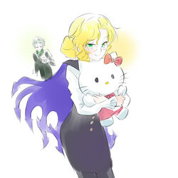  1boy blonde_hair doll female glasses glynda_goodwitch hello_kitty hug iesupa pixiv_manga_sample professor_ozpin rwby smile white_hair 