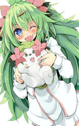  :d ;d animal blue_eyes commentary_request creature_and_personification female flower green_hair hair_flower hair_ornament hairclip holding holding_animal holding_pokemon long_hair long_sleeves oerba_yun_fang one_eye_closed open_mouth personification photoshop_(medium) pokemon pokemon_(creature) rakkogawa_rinro shaymin shaymin_(land) shirt skirt smile standing very_long_hair white_background white_shirt white_skirt 