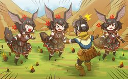  &gt;_&lt; 4girls ^^^ anger_vein angry bare_shoulders bazelgeuse belt_pouch black_hair boots capelet clenched_hands closed_eyes commentary_request day emphasis_lines empty_eyes frown full_body fur_collar gauntlets gloves goggles goggles_on_head gooster handler_(monster_hunter_world) head_wings highres jurassic_park jurassic_world kemono_friends looking_at_another medium_hair meme monster_hunter:_world monster_hunter_(series) multicolored_hair multiple_girls no_nose o_o open_mouth original outdoors outstretched_arms pants parody personification pouch prattkeeping_(meme) red_eyes red_hair scales short_hair sidelocks skirt standing style_parody surprised sweatdrop tail tied_hair two-tone_hair v-shaped_eyebrows vest wings 