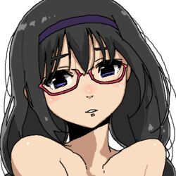  black_hair chiisan female female glasses hairband looking_at_viewer mahou_shoujo_madoka_magica nude portrait purple_eyes sakura_kyouko simple_background solo white_background 