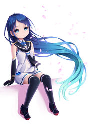  bare_shoulders black_gloves black_neckerchief black_thighhighs blue_eyes blue_hair cherry_blossoms closed_mouth commentary_request elbow_gloves female full_body gloves gradient_hair hane_yoshiyumi highres kantai_collection long_hair looking_at_viewer multicolored_hair neckerchief petals sailor_collar samidare_(kancolle) school_uniform serafuku shirt sitting skirt sleeveless sleeveless_shirt smile solo thighhighs very_long_hair white_skirt 