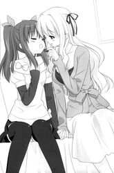  2girls bed chocolate closed_eyes feeding food hair_ribbon hair_ribbons hand_holding long_hair matsubara_yuuna monochrome multiple_girls oda_nanami peko ribbon ribbons sono_hanabira_ni_kuchizuke_wo twintails yuri 